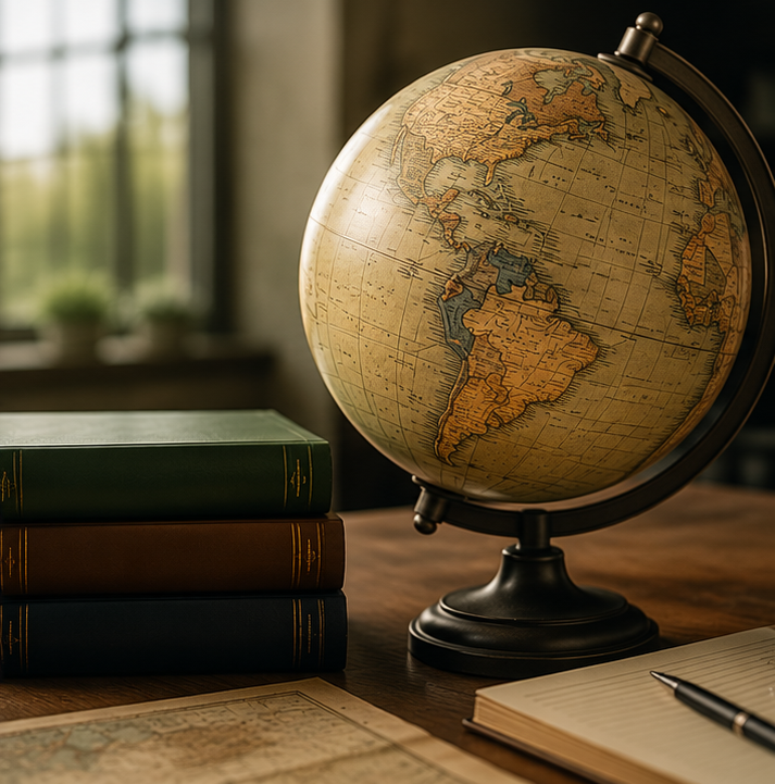 Globe and books representing education and responsible detecting standards worldwide